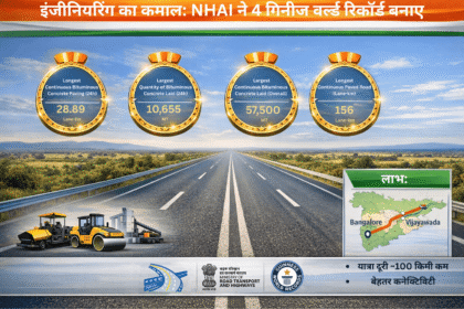 Infographic showing NHAI’s four Guinness World Records with modern Indian highway, construction machinery and Bangalore–Vijayawada route map