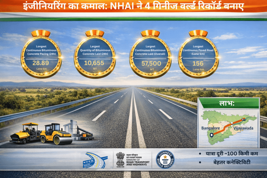 Infographic showing NHAI’s four Guinness World Records with modern Indian highway, construction machinery and Bangalore–Vijayawada route map