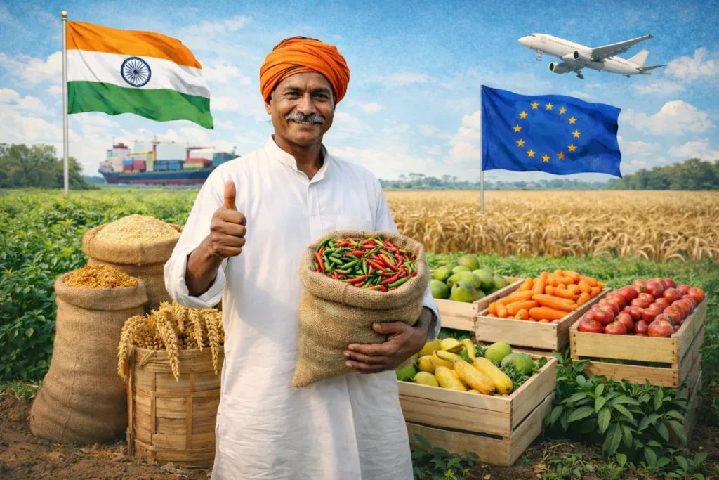 India-EU Trade Deal से भारतीय किसानों को होने वाले लाभ और यूरोप को निर्यात की जाने वाली कृषि फसलें दर्शाती इमेज