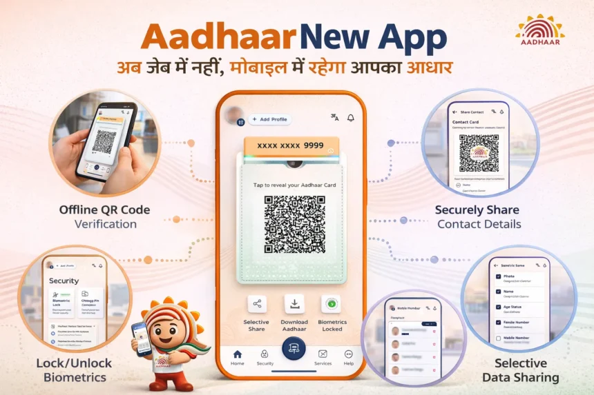 Aadhaar New App features showing QR code based digital Aadhaar, selective data sharing, biometric lock and offline verification on mobile