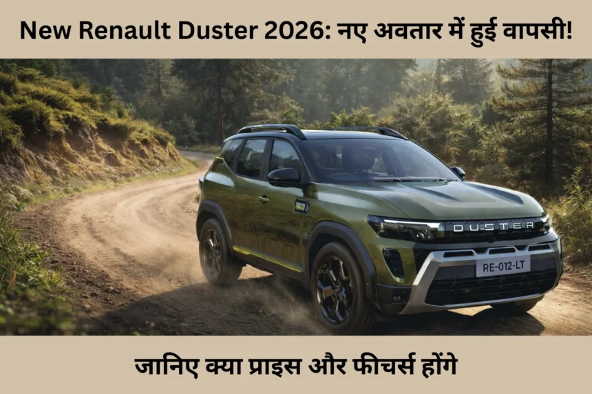 2026 Renault Duster नई जनरेशन SUV जंगल के बीच कच्ची सड़क पर चलते हुए, दमदार ऑफ-रोड लुक और मॉडर्न डिजाइन के साथ
