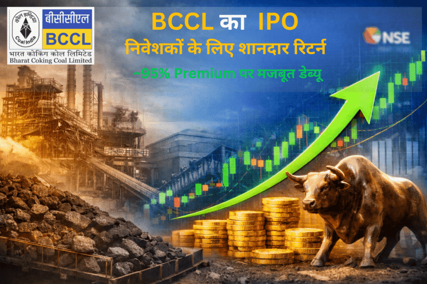 भारत कोकिंग कोल लिमिटेड BCCL IPO की मजबूत लिस्टिंग दर्शाती शेयर बाजार आधारित इमेज