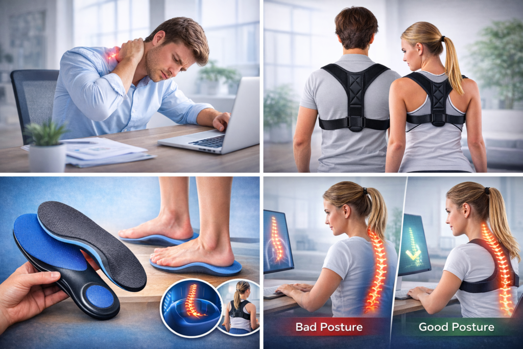 orthotics insoles and posture corrector showing foot support spine alignment and posture improvement