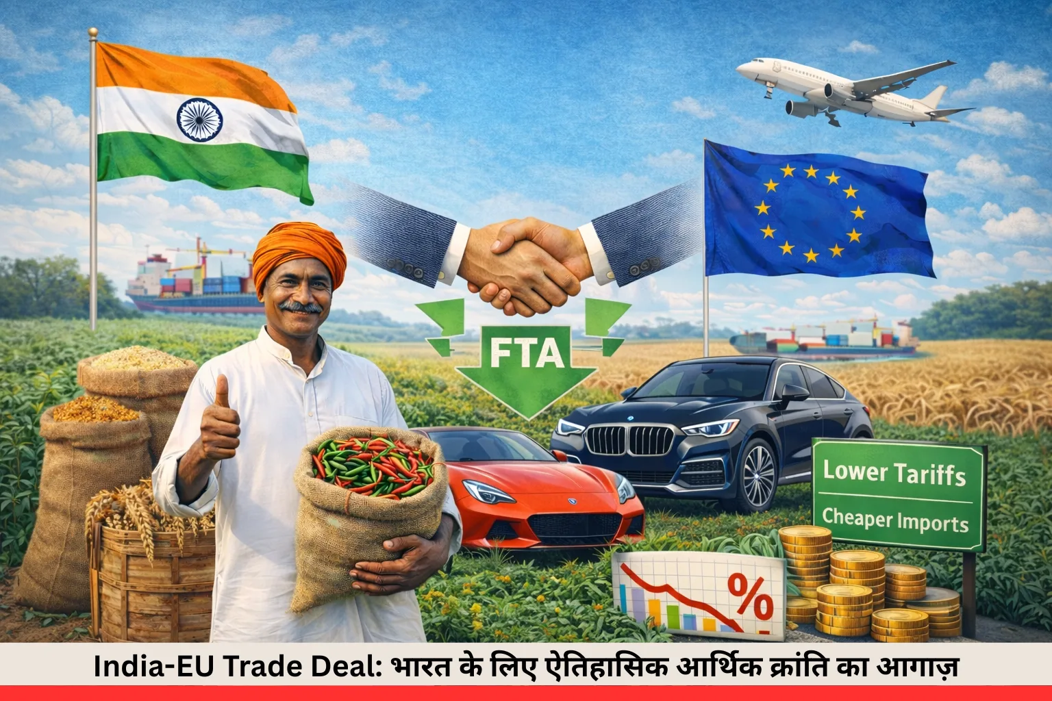 India-EU Trade Deal के तहत भारत और यूरोपीय संघ के बीच व्यापार साझेदारी, किसानों, निर्यात और कम आयात शुल्क को दर्शाती इमेज