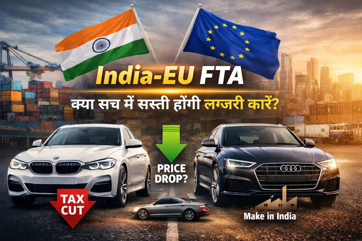 India EU FTA impact on luxury car prices showing BMW and Audi with India and EU flags