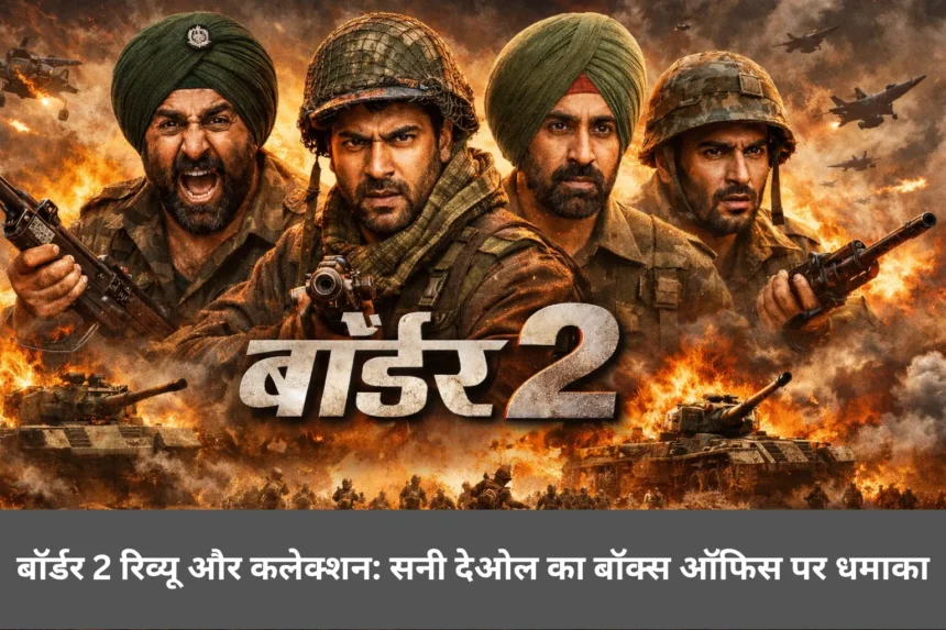 बॉर्डर 2 फिल्म का पोस्टर, युद्धभूमि में भारतीय सैनिकों के साथ सनी देओल, वरुण धवन, दिलजीत दोसांझ और अहान शेट्टी