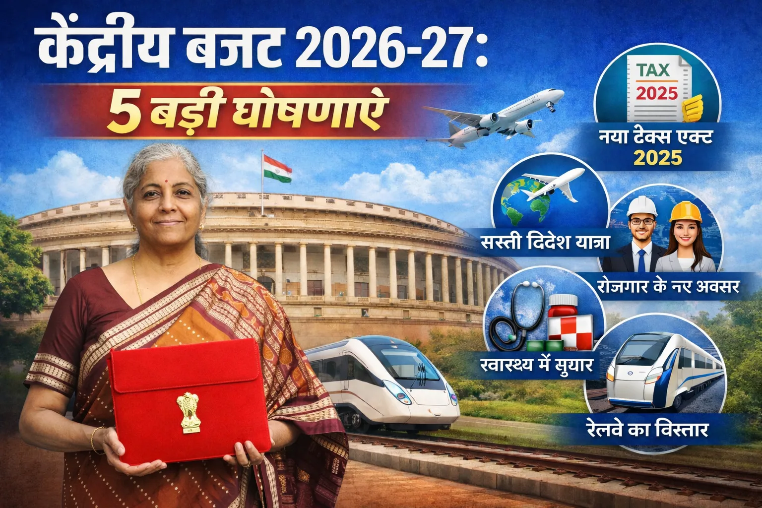 केंद्रीय बजट 2026-27 की 5 बड़ी घोषणाएं, वित्त मंत्री निर्मला सीतारमण संसद भवन के सामने बजट ब्रीफकेस के साथ