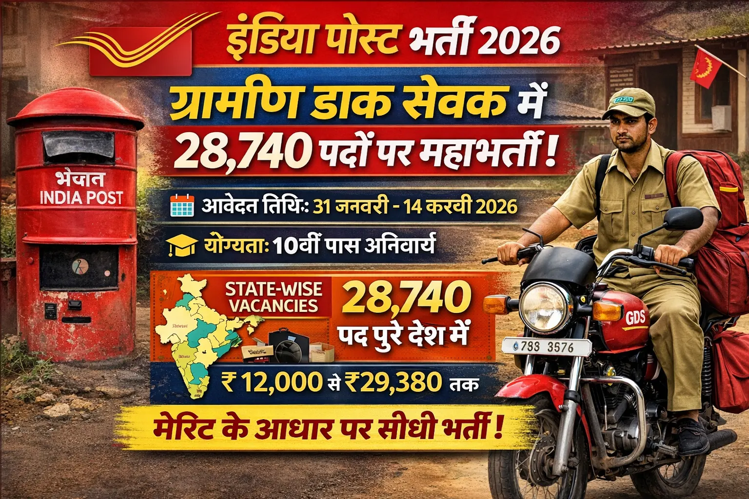 इंडिया पोस्ट भर्ती 2026 का थंबनेल, ग्रामीण डाक सेवक के 28,740 पद, बिना परीक्षा, 10वीं पास योग्यता के साथ पोस्ट ऑफिस कर्मचारी की तस्वीर