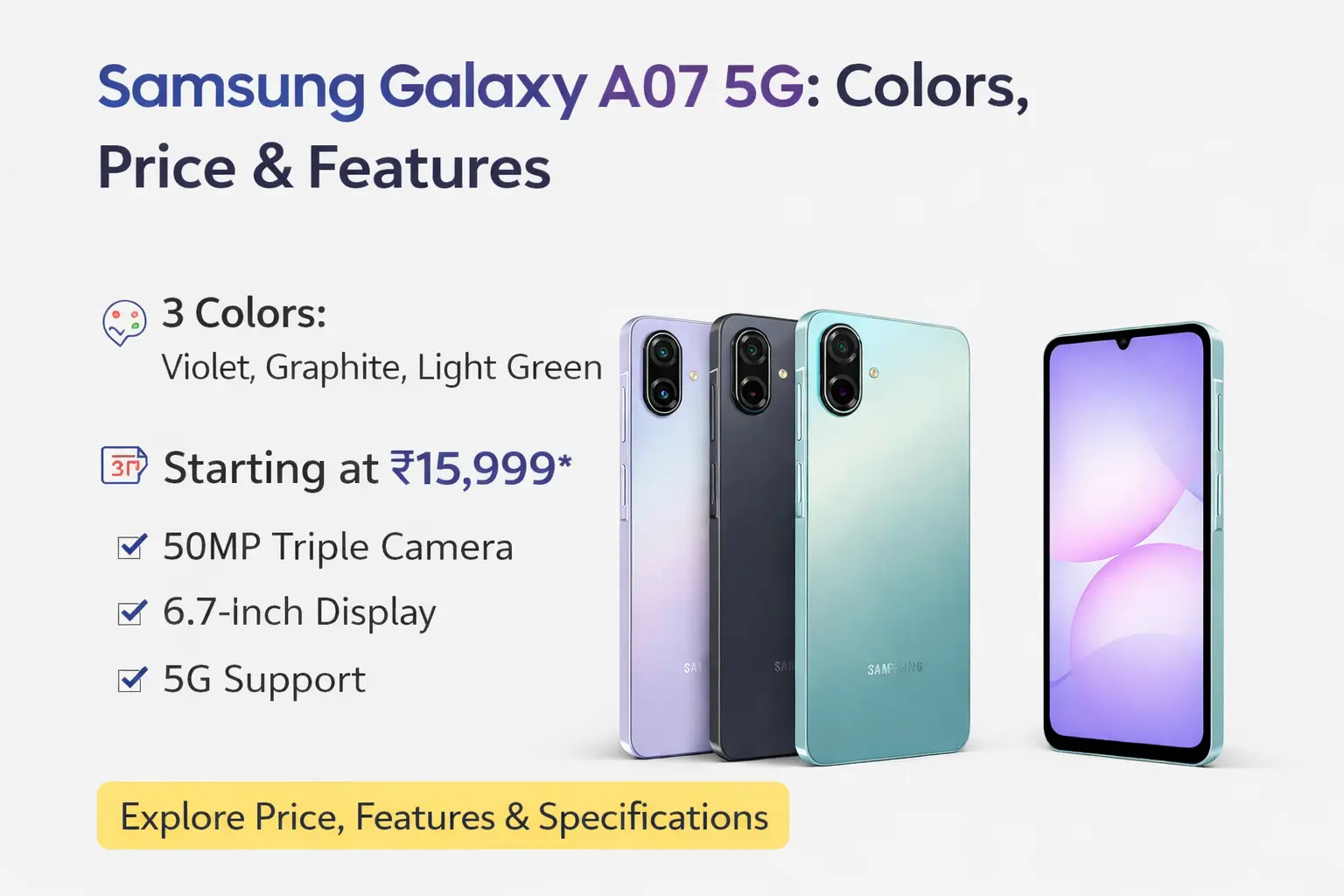 Samsung Galaxy A07 5G का फीचर्ड इमेज जिसमें रंग, कीमत और मुख्य फीचर्स दिखाए गए हैं