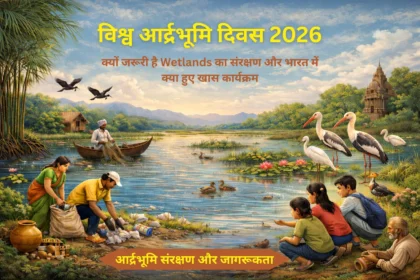 आर्द्रभूमि के किनारे लोग सफाई अभियान चलाते हुए, बच्चे पक्षियों को देखते हुए और एक मछुआरा नाव में झील के बीच काम करता हुआ प्राकृतिक दृश्य।